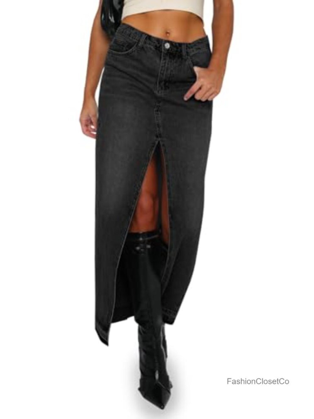 Women's Long Denim Maxi Skirt High Waisted Split Jean Skirt